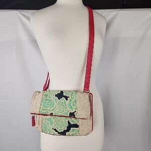 Fossil Floral Burlap Canvas Crossbody Messenger Bag Pink Boho Cottagecore Purse